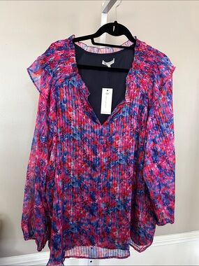 Skies Are Blue Pink & Blue Floral V-Neck Ruffle Blouse
